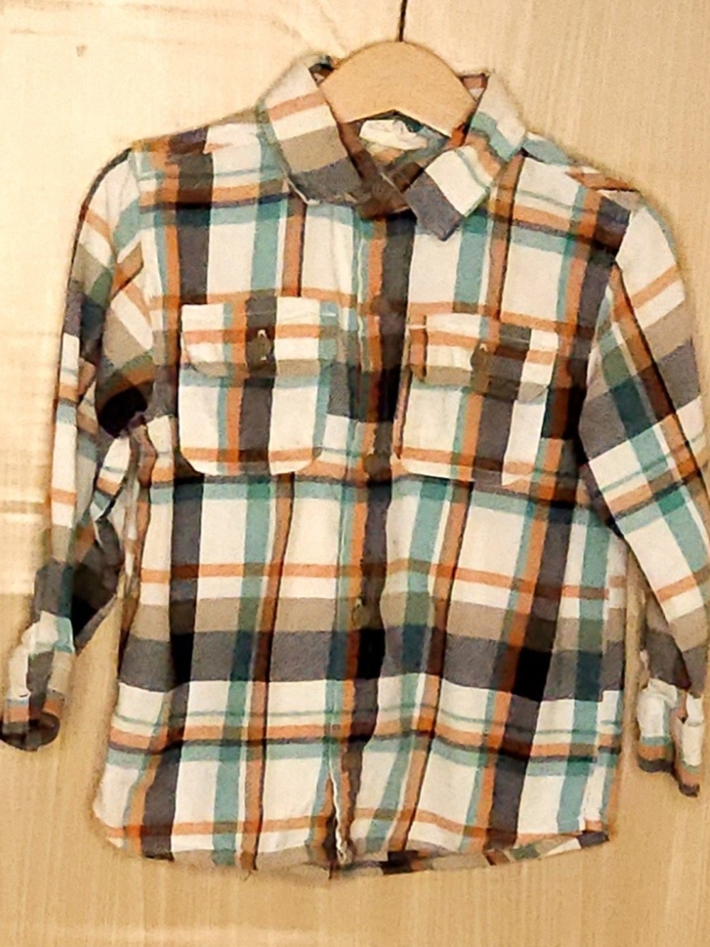 Crazy 8 toddler boys orange teal navy long sleeve flannel button down 3T.